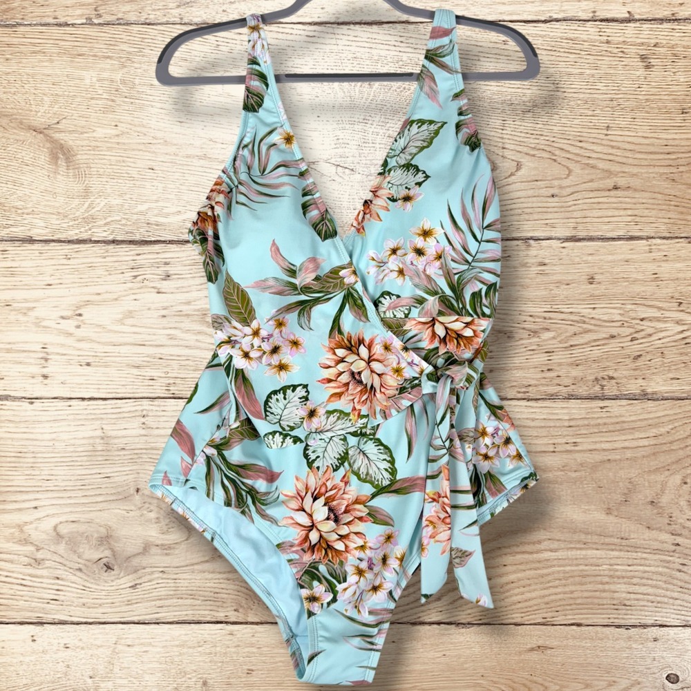 KONA SOL Floral Wrap One Piece Swimsuit NWT Womens‎ Size L Blue Tropical